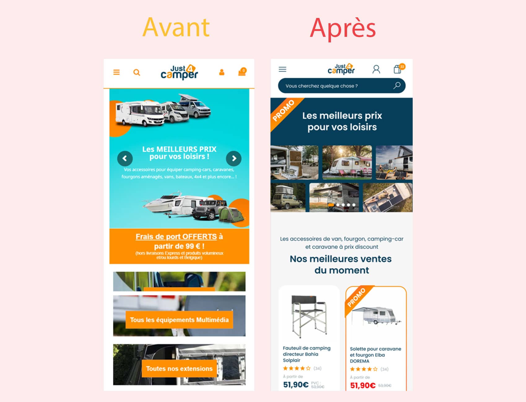 Just4camper : Avant / après sur mobile